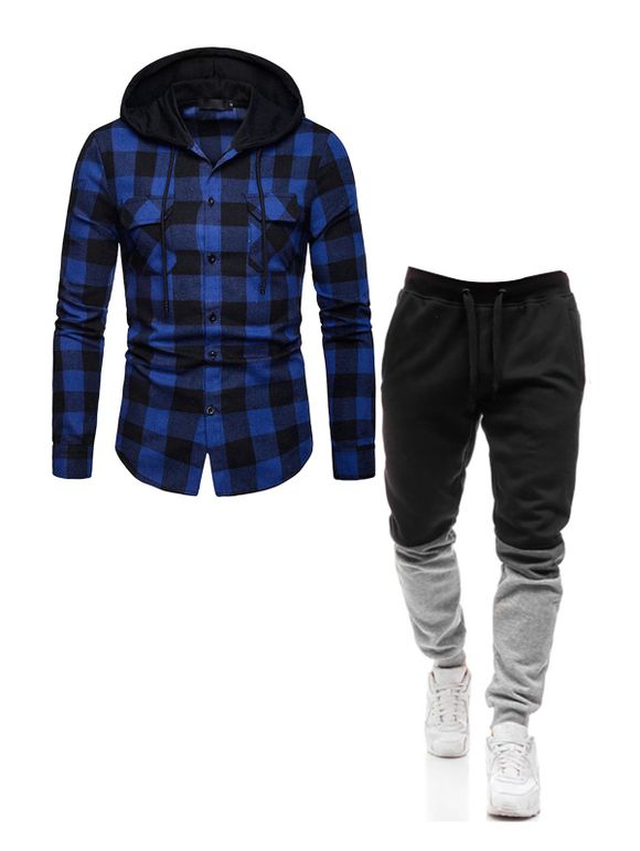 Pantalon de Jogging et Chemise Décontractée à Capuche à Carreaux en Blocs de Couleurs avec Poche en Avant - Bleu S