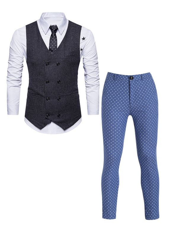 Gilet Décontracté avec Double Boutonnage en Tweed et Pantalon à Imprimé Géométrique - Noir S