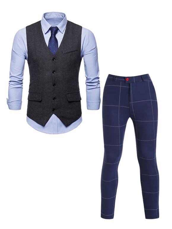 Gilet Zippé à Carreaux Imprimé à Simple Boutonnage avec Poche en Tweed et Pantalon Chino à imprimé Quadrillé - Bleu M