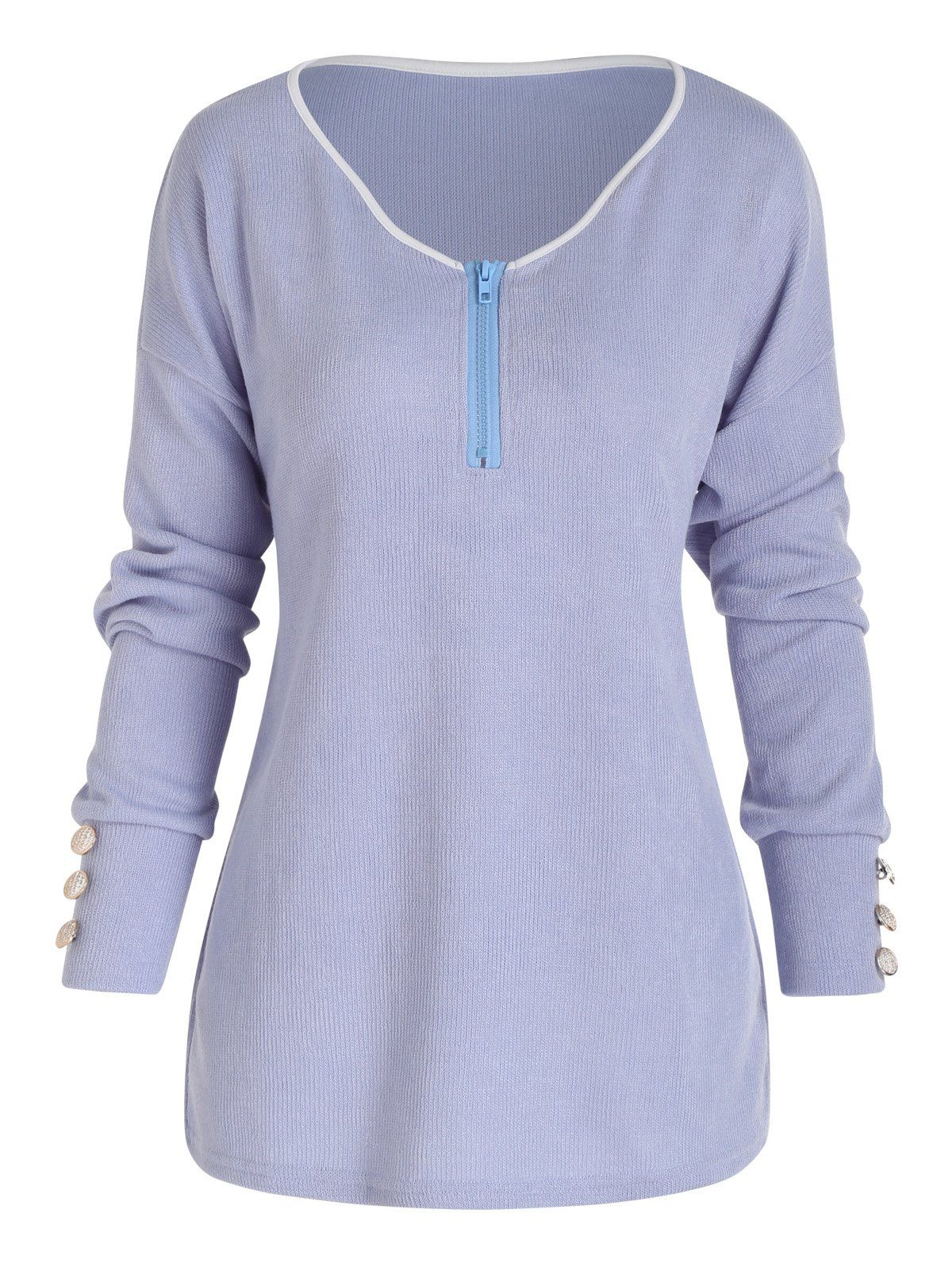 Drop Shoulder Knitwear A Quarter Zip Contrast V Neck Mock Button Long Sleeve Knit Top - BLUE 3XL