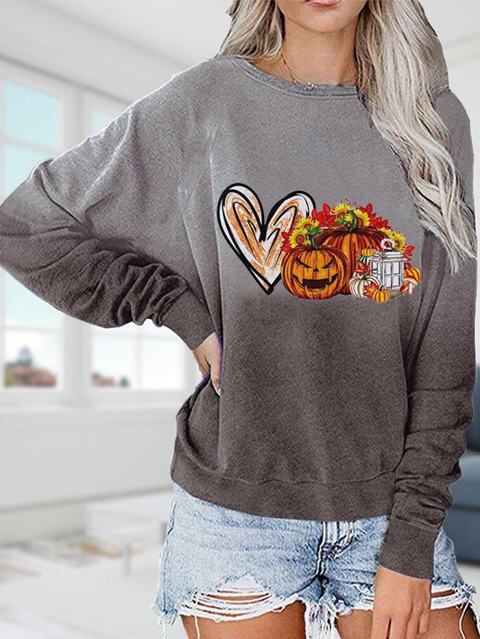 Ombre Sweatshirt Pumpkin Heart Floral Print Long Sleeve Halloween Sweatshirt - LIGHT GRAY 2XL