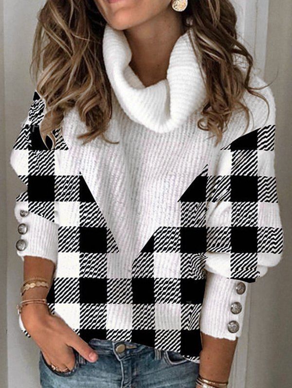 Contrast Stripe Plaid Print Knit Top Drop Shoulder Turtleneck Mock Button Pullover Knitted Top - WHITE 3XL