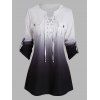 Ombre Print Lace Up Shirt Pocket Patches Long Sleeve Pullover Shirt - LIGHT GRAY XXL