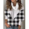 Contrast Stripe Plaid Print Knit Top Drop Shoulder Turtleneck Mock Button Pullover Knitted Top - WHITE 3XL