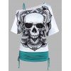 Skull Flower Print Skew Collar T-shirt And Solid Color Adjustable Straps Ruched Camisole Two Piece Set - LIGHT GREEN XXXL
