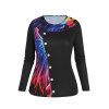 T-shirt Décontracté à Imprimé 3D Courbe Coloré de Grande Taille à Manches Longues - Noir XL