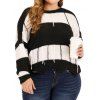 Plus Size Two Tone Fringed Sweater Drop Shoulder Back Low Cut Knot Sweater - BLACK 1XL