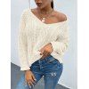 Cable Knit Sweater V Neck Drop Shoulder Long Sleeve Pullover Sweater - LIGHT COFFEE L