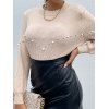 Artificial Pearl Beads Embellishment Sweater Crew Neck Long Sleeve Pullover Sweater - LIGHT COFFEE L