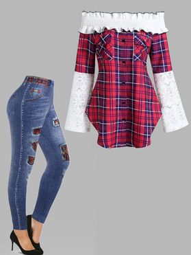 Off The Shoulder Plaid Print Floral Crochet Lace Panel Shirred Ruffles Curved Hem Top And Tribal Print Faux Denim 3D Print Jeggings Outfit