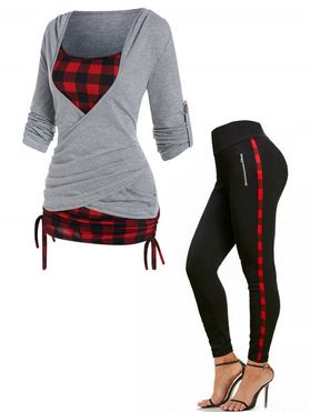 Plaid Print Crossover Cinched Tie Long Sleeve Faux Twinset T Shirt And Plaid Trim Skinny High Waist Pants Outfit