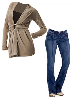 O Ring Heathered Long Sleeve Faux Twinset T Shirt And Topstitching Pockets Zipper Fly Flare Jeans Casual Outfit