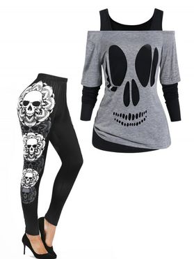 Skull Cut Out Top Cold Shoulder Tee And High Rise Leggings Halloween Outfit