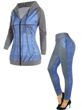 Faux Denim 3D Print Raglan Sleeve Zip Up Hooded Jacket And High Waist Leggings Casual Outfit