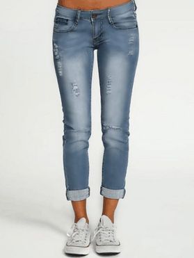 Light Wash Jeans Ripped Pockets Zipper Fly Casual Long Denim Pants