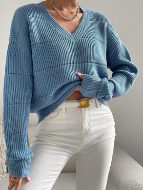 Drop Shoulder Hollow Out Sweater Pure Color Ribbed Hem Casual V Neck Sweater