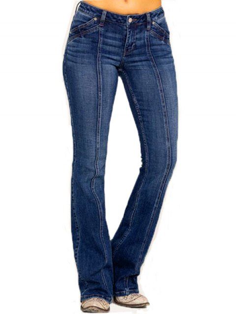 Flare Jeans Topstitching Pockets Zipper Fly Long Denim Pants