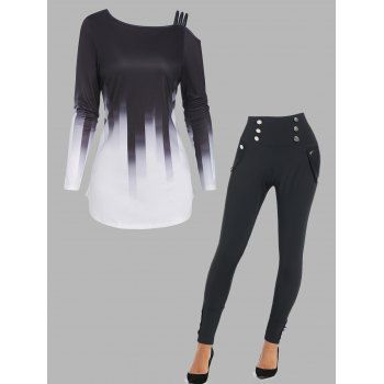 

Cold Shoulder Ombre Print Long Sleeve T-shirt And Mock Button High Waist Skinny Leggings Outfit, Black