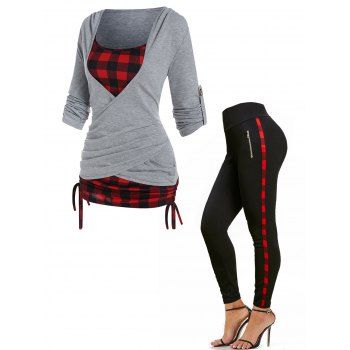 

Plaid Print Crossover Cinched Tie Long Sleeve Faux Twinset T Shirt And Plaid Trim Skinny High Waist Pants Outfit, Multicolor
