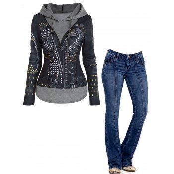 

Rivet 3D Print Half Zipper Drawstring Faux Twinset Hoodie And Topstitching Pockets Flare Jeans Casual Outfit, Multicolor