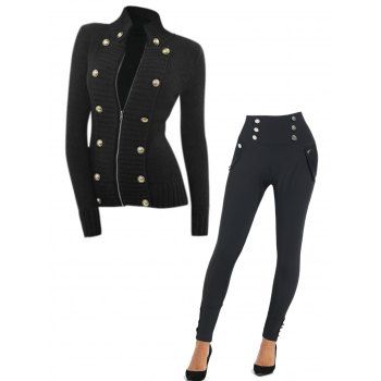 

Zip Up Mock Button Long Sleeve Cardigan And Wide Waist High Rise Plain Leggings Casual Outfit, Black