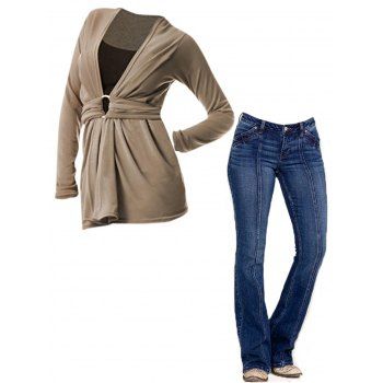 

O Ring Heathered Long Sleeve Faux Twinset T Shirt And Topstitching Pockets Zipper Fly Flare Jeans Casual Outfit, Multicolor