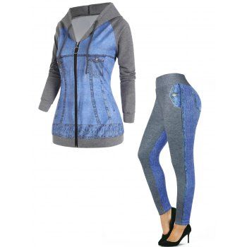 

Faux Denim 3D Print Raglan Sleeve Zip Up Hooded Jacket And High Waist Leggings Casual Outfit, Multicolor
