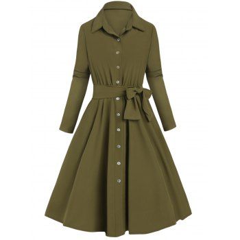 

Solid Color Shirt Dress Button High Waisted Long Sleeve Dress Belted A Line Mini Dress, Deep green