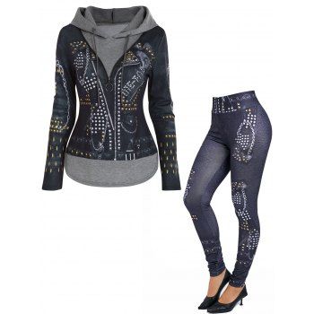 

Rivet 3D Print Half Zipper Drawstring Faux Twinset Hoodie And High Waist Pants Casual Outfit, Dark gray
