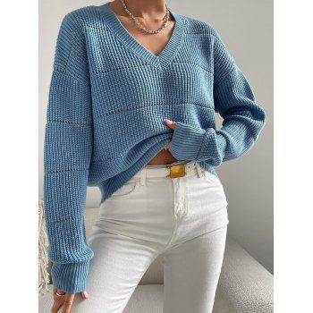

Drop Shoulder Hollow Out Sweater Pure Color Ribbed Hem Casual V Neck Sweater, Light blue