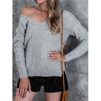 

Cable Knit Solid Color Sweater V Neck Side Slit Cross Back Long Sleeve Casual Sweater, Gray