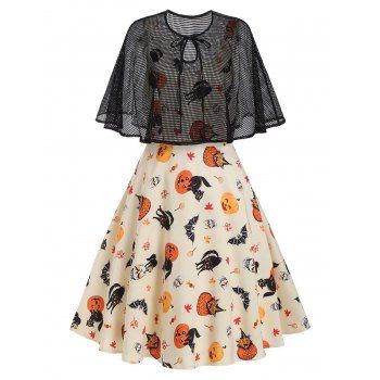 

Halloween Pumpkin Cat Skull Bat Print High Waisted A Line Mini Dress And Hollow Out Tied Top Set, Black