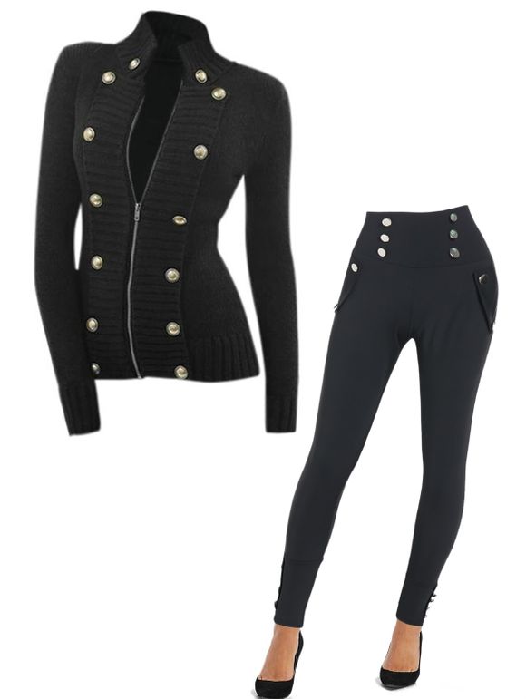 Ensemble de Legging Décontracté à Taille Haute et Cardigan à Manches Longues Simple Zippé - Noir S