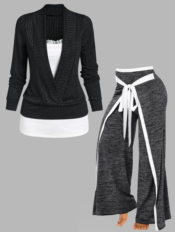 Ensemble de Cardigan Décontracté Côtelé à Bretelle en Dentelle Inséré et Pantalon à Jambe Large avec Nœud Papillon - multicolor S