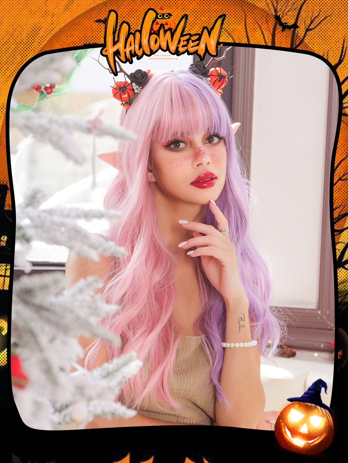 Perruque Synthétique Longue Ondulée Bicolore avec Frange pour Fête D'Halloween Style Cosplay - multicolor A 24INCH