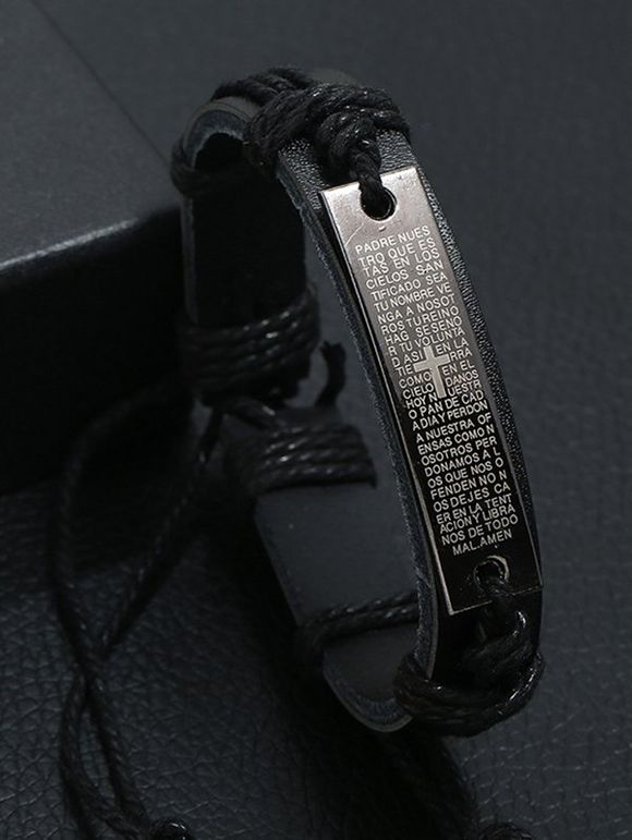 Bracelet en Simili Cuir Motif Rond en Métal et Inscription pour Hommes - Noir 1PC