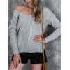 Cable Knit Solid Color Sweater V Neck Side Slit Cross Back Long Sleeve Casual Sweater - GRAY L