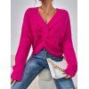 Twist Front Drop Shoulder Geometric Cable Knit Long Sleeve High Low Plunge Sweater - RED L