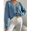 Drop Shoulder Hollow Out Sweater Pure Color Ribbed Hem Casual V Neck Sweater - LIGHT BLUE L