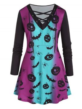 Plus Size Halloween Pumpkin Bat Spider Ombre Print T-shirt Lace Up Long Sleeve Long Tee