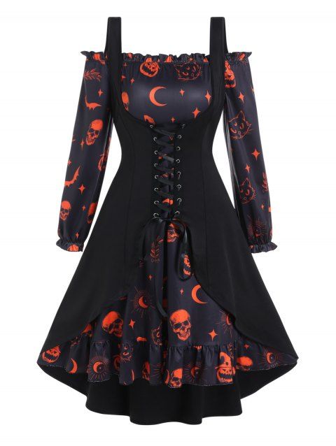 Plus Size Halloween Dress Pumpkin Skull Bat Cat Print Ruffle A Line Mini Dress And Lace Up Slit Tank Top Set
