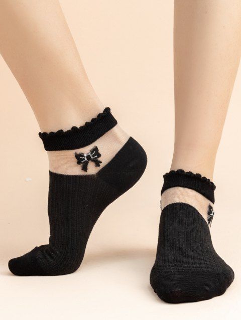 Bowknot Sheer Lace Panel Ankle Socks