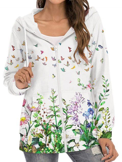 Fresh Style Hoodie Flower Leaf Butterfly Print Pockets Zip Up Sweatshirt With Hood