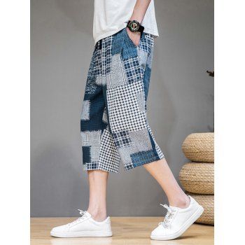 

Bohemian Capri Pants Printed Drawstring Pockets Wide Leg Casual Pants, Blue