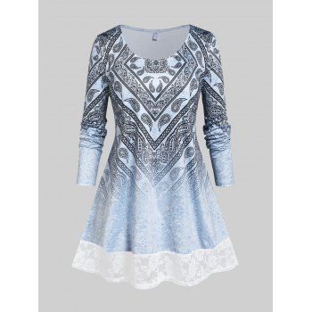 

Plus Size Paisley Print Lace Panel Tee, Light blue