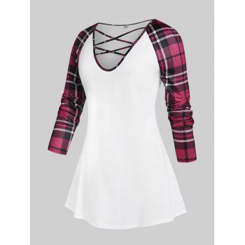 

Plus Size Crisscross Raglan Sleeve Plaid Tee, White