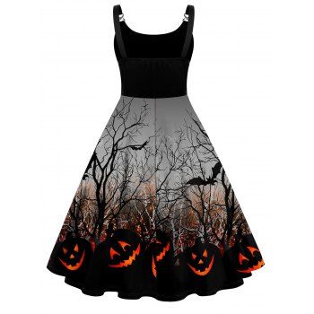 Halloween Pumpkin Tree Branches Bat Print Plus Size Dress Metal Twist Buckle A Line Cami Dress