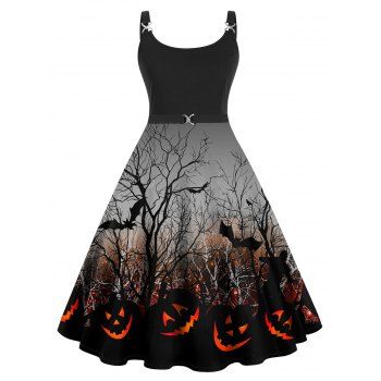 

Halloween Pumpkin Tree Branches Bat Print Plus Size Dress Metal Twist Buckle A Line Cami Dress, Dark gray