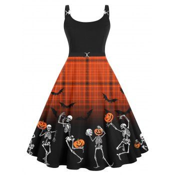 

Plus Size Dress Halloween Funny Pumpkin Skeleton Skull Bat Plaid Print A Line Dress Metal Twist Buckle Cami Dress, Orange