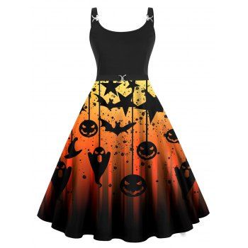 

Plus Size Halloween Pumpkin Ghost Star Galaxy Print A Line Dress High Waist Twisted Ring Cami Dress, Orange